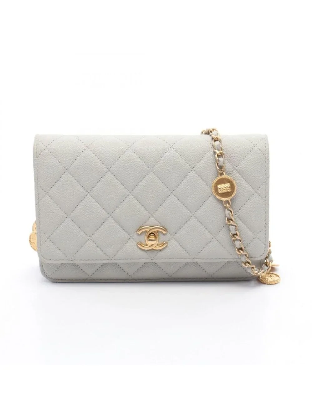 Chanel Shoulder Bag Quilted Light Gray Caviar Leather Chain Wallet
